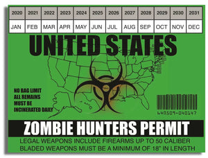 Zombie Hunting Permit -  Zombie Bumper Sticker, Car Magnet Humper Bumper