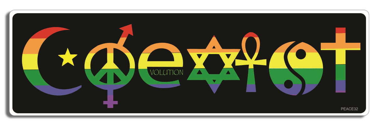 Coexist - rainbow on black - 3" x 10" Bumper Sticker--Car Magnet- -  Decal Bumper Sticker-peace Bumper Sticker Car Magnet Coexist-rainbow on black-  Decal for carsliberal, peace, political