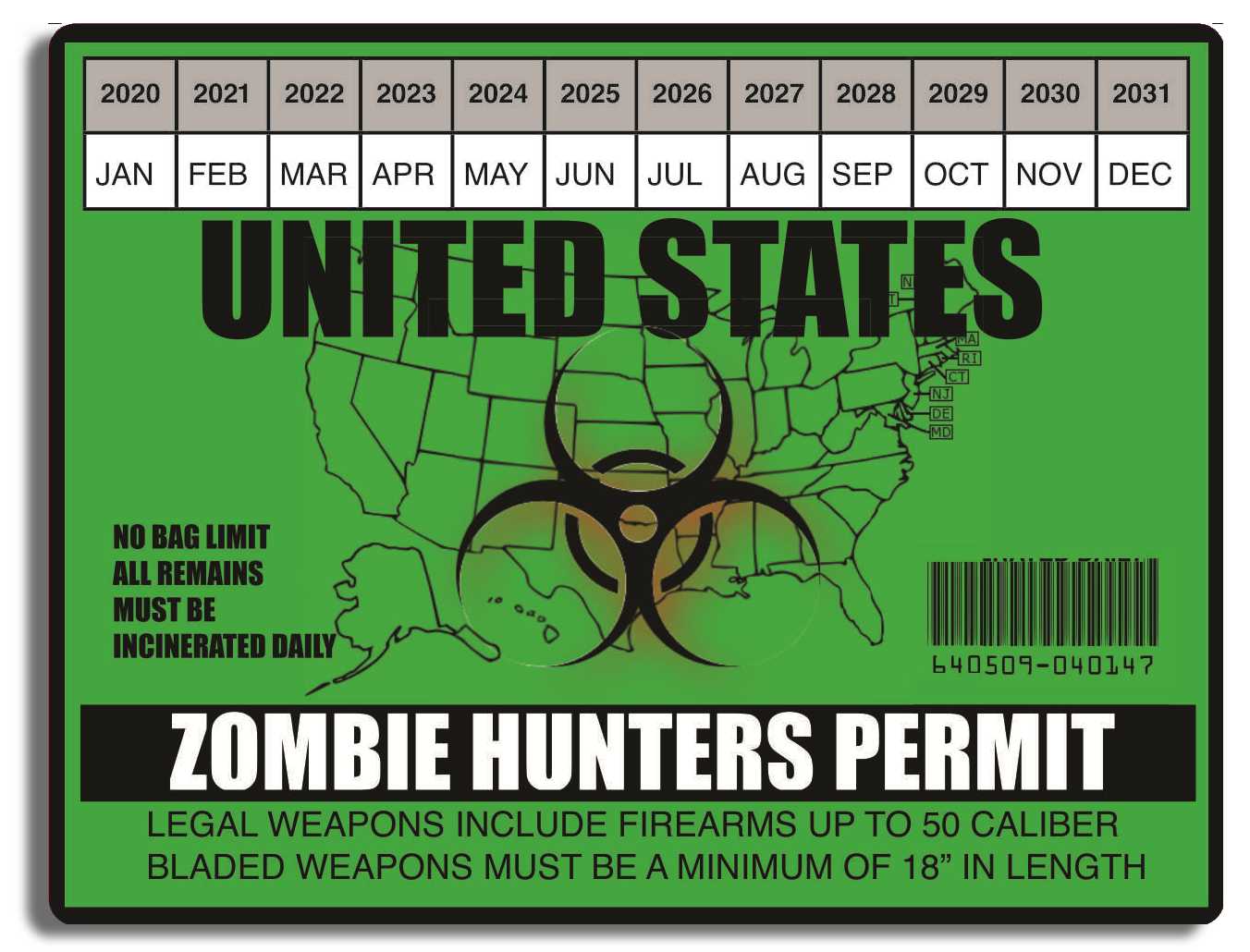Zombie Hunting Permit - 3" x 4" Bumper Sticker--Car Magnet- -  Decal Bumper Sticker-zombie Bumper Sticker Car Magnet Zombie Hunting Permit-  Decal for carswalking dead, zombies
