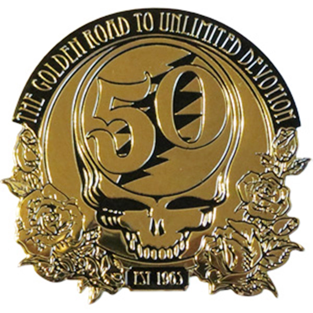 GRATEFUL DEAD 50th Anniversary Gold Metal Small Sticker - Humper Bumper Emblem Sticker 