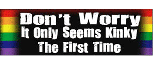 Don't worry. It only seems kinky the first time (Rainbow)  - 3" x 10" Bumper Sticker--Car Magnet- -  Decal Bumper Sticker-LGBT Bumper Sticker Car Magnet Don't worry. It only seems kinky-  Decal for carsGay, lgbt, lgbtq, lgtq+, pride, trans, transgender